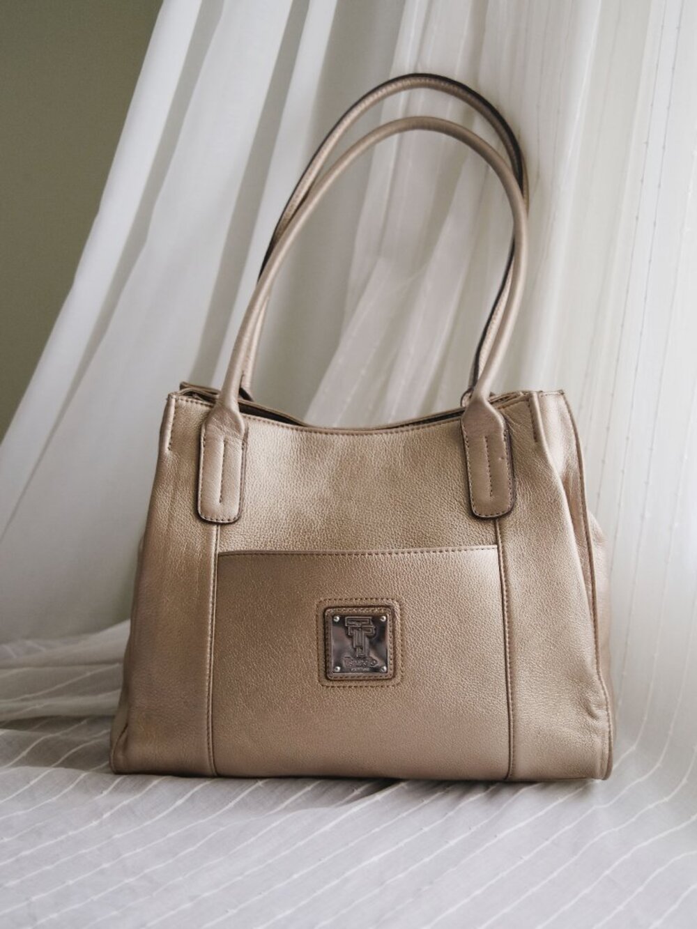 Y2K Tignanello Metallic Gold Leather Tote Bag Genuine Leather EUC